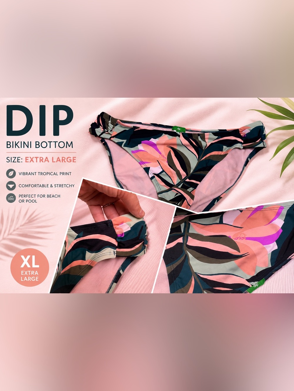 DIP Tropical Floral Jungle Bikini Bottoms XL Pink Sage Swimwear